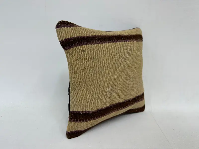 Beige & Brown Striped Decorative Pillow, 12x12 Inches, Embroidered Cotton Cover - 3