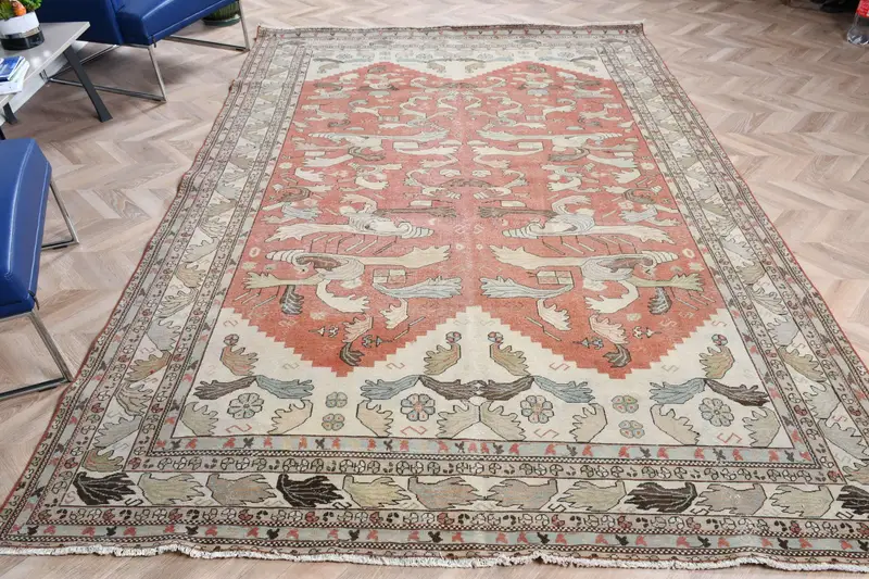 Türk Vintage Büyük Halı 6.9x10 ft, Oushak Kırmızı Yün Halı - 1