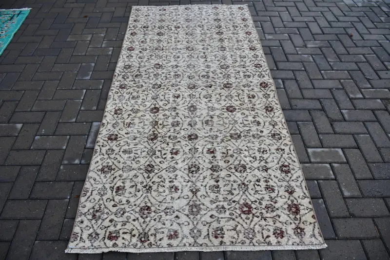 3.6x7.5 ft Turkish Oushak Rug, White Floral Vintage Wool Rug - 1
