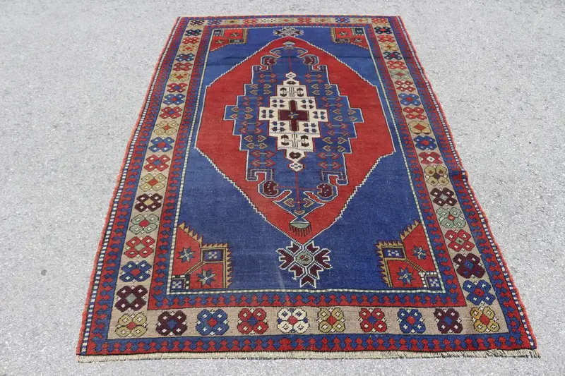 4.5x7.1 ft Vintage Halı, Türk Alan Halısı, Mavi Katı Yün Halı - 1
