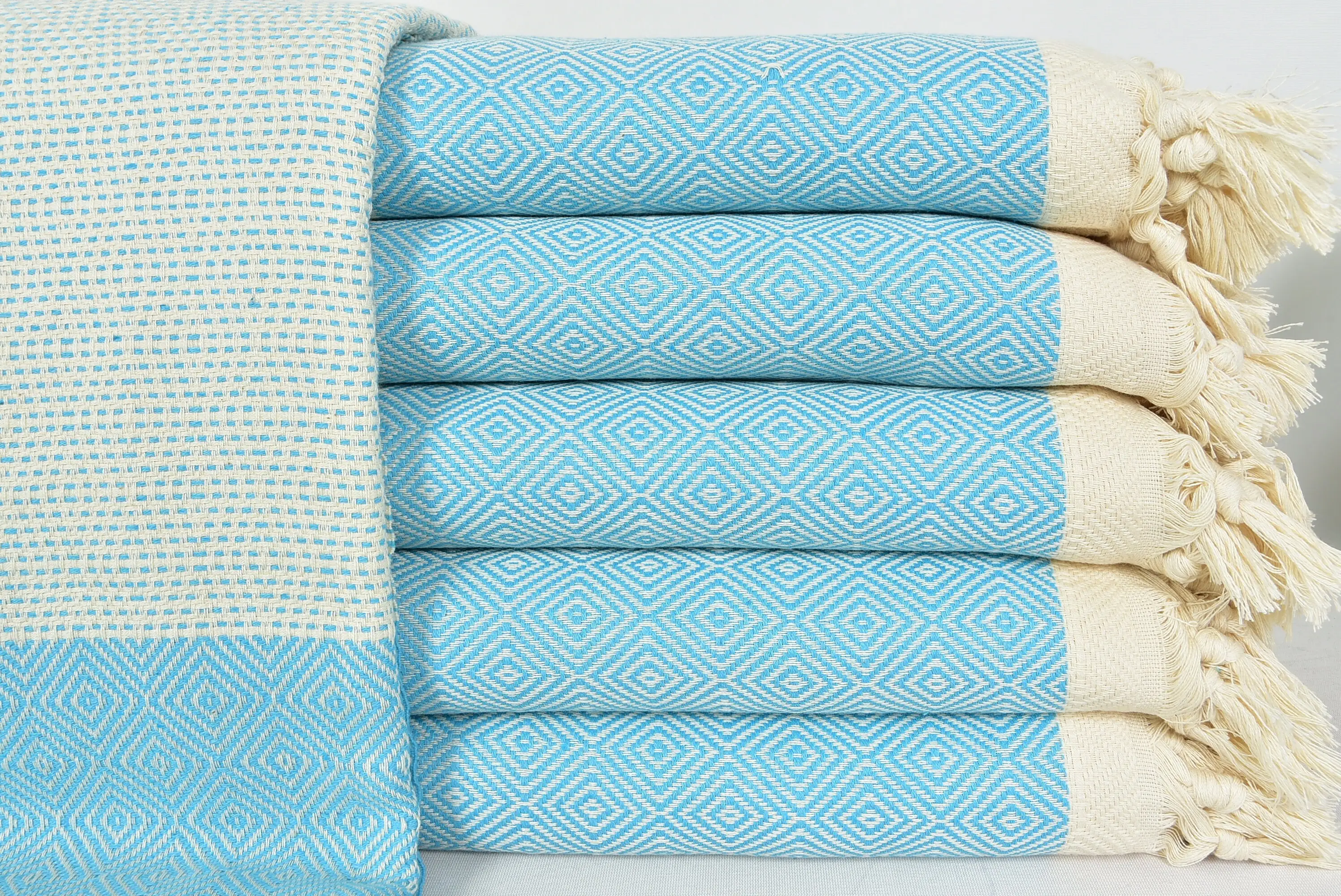 Boho Throw Blanket Turkish Cotton Geometric Pattern Blue, 78x94 Inches - 1