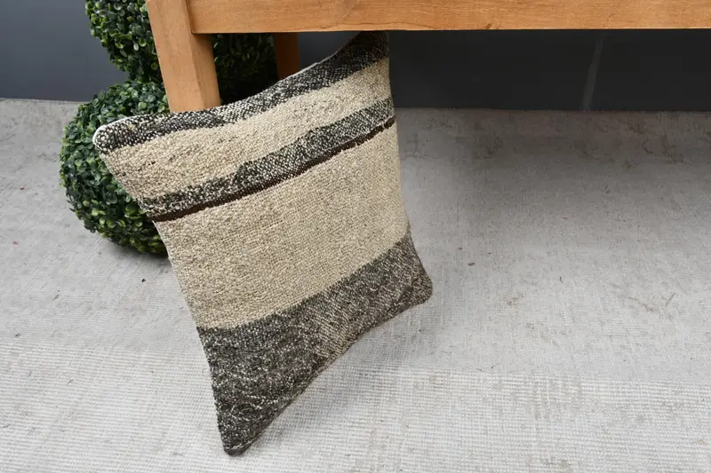 Bolster Pillow Case, Sustainable Cushion, Antique Pillows, Interior Designer Pillow, 14x14 Beige Pillow Sham, Turkish Kilim Pillow, Pillow Cover - 7