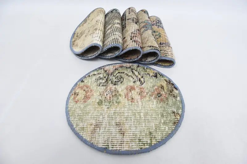 Manteles individuales circulares bohemios verdes y beige, decoración de mesa de algodón y lana