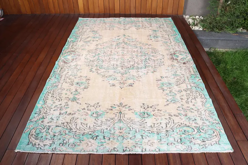 5.4x8.4 ft Eski Türk Halısı, Büyük Halı, Mavi Oushak Patchwork Halı - 1