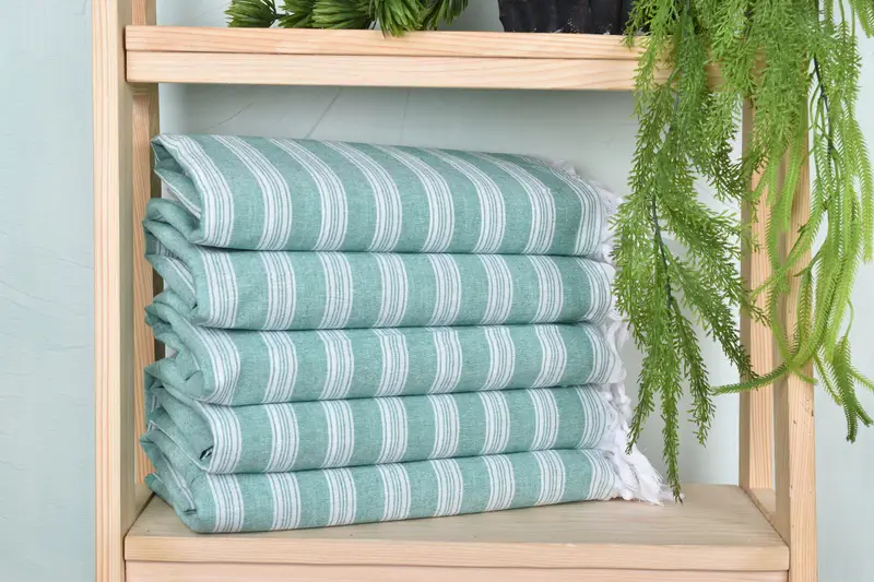 Turkish Towel, Green Cotton Beach Towel, Striped, 40x71 Inches