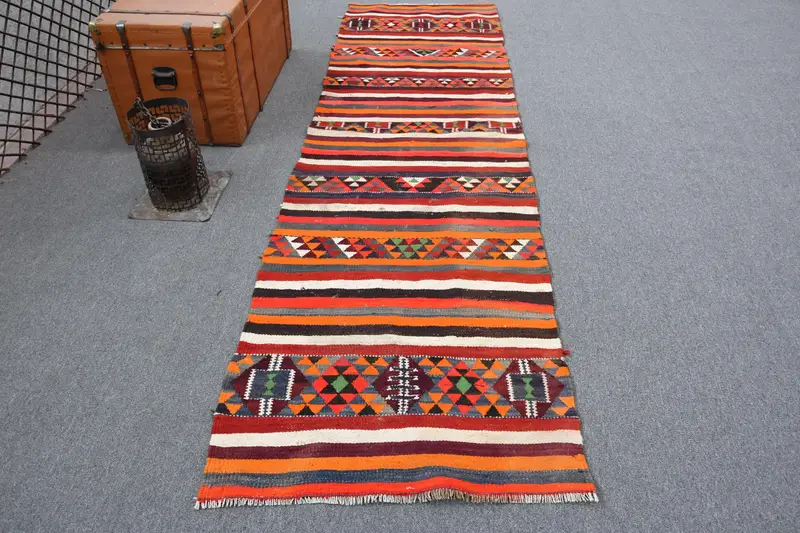 2.9x10.1 ft Oushak Rug, Vintage Turkish Rug, Red Blue Patchwork Rug - 1