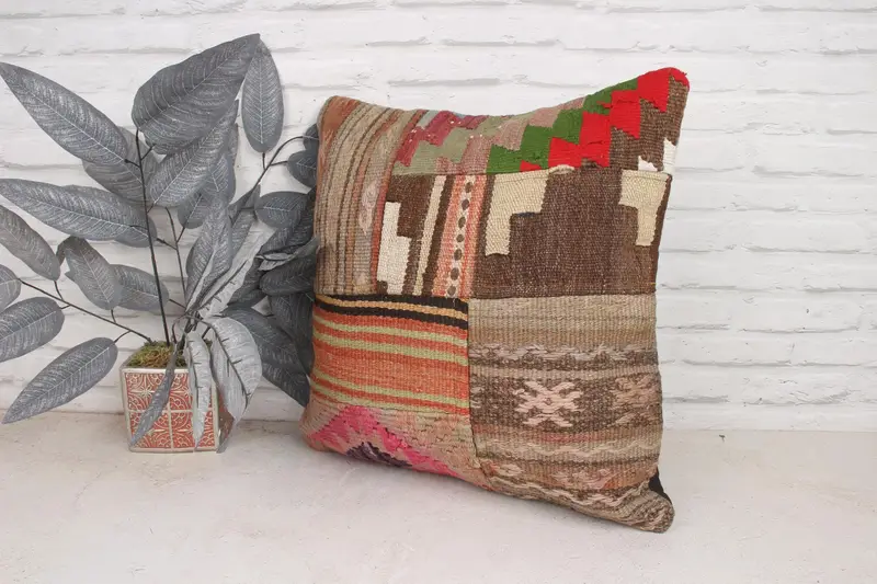 Case de cojín decorativo, cojín, almohada de kilim vintage, almohada boho, cubierta de cojín marrón 20x20, cojín de kilim hecho a mano, caja de cojín de refuerzo - 4