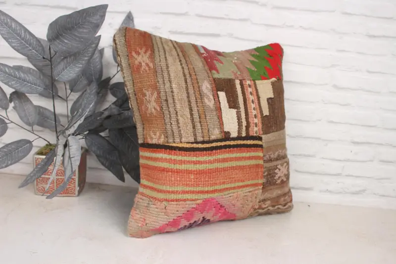 Case de cojín decorativo, cojín, almohada de kilim vintage, almohada boho, cubierta de cojín marrón 20x20, cojín de kilim hecho a mano, caja de cojín de refuerzo - 3