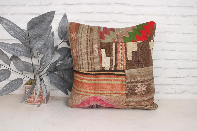 Case de cojín decorativo, cojín, almohada de kilim vintage, almohada boho, cubierta de cojín marrón 20x20, cojín de kilim hecho a mano, caja de cojín de refuerzo - 1