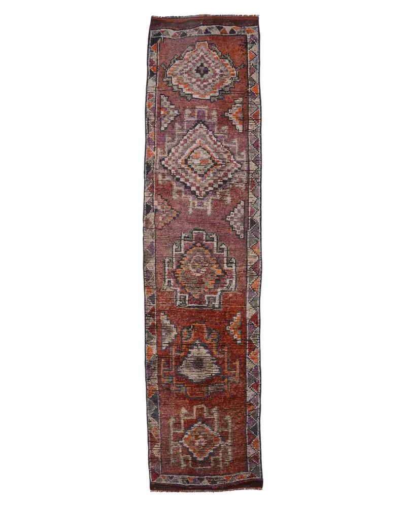 鮮やかなオレンジとブルーのラグ、2.9x12フィートの花柄&幾何学模様