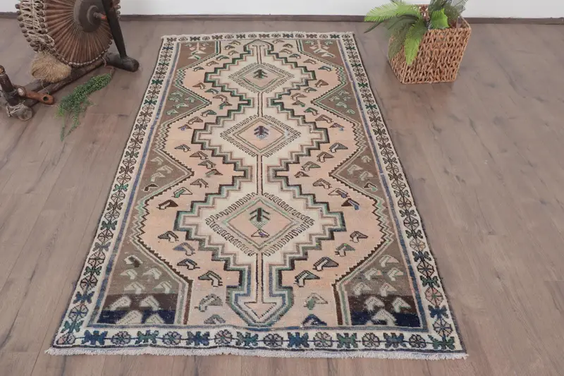 3.9x6.9 ft Area Vintage Rug, Brown Animal Print Turkish Rug - 1