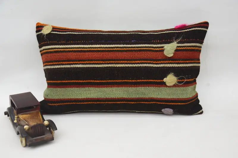 Turkish Pillow, Handwoven Pillow Cover, Pillow Cover, Pillow for Sofa, Interior Designer Pillow, 12x20 Brown Pillow Cover, Bolster Throw Cushion - 1