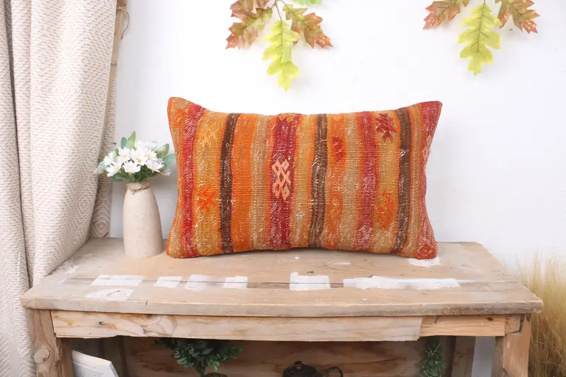 Home Decor Pillow, Turkish Kilim Pillow, 12x20 Orange Cushion Case, Pet Cushion Cover, Cushion Case, Gift Pillow, Indoor Pillow Sham - 1