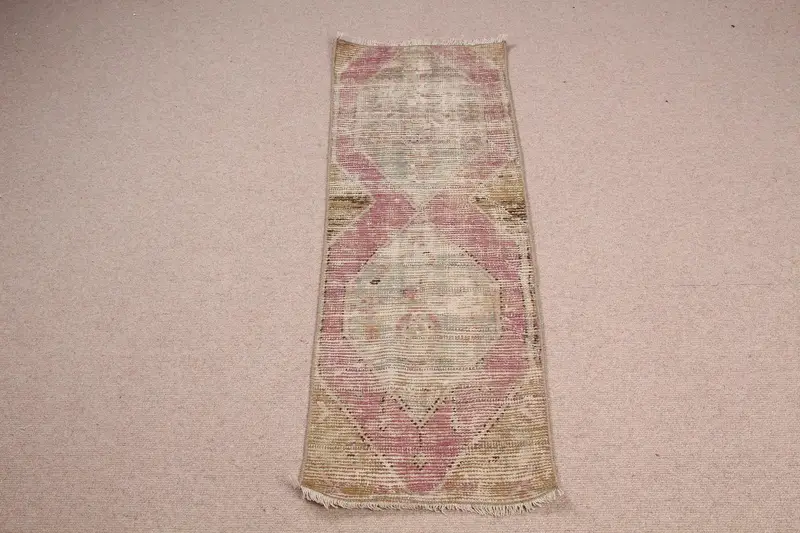 Green Geometric Rug, 2.1x4 ft with Brown Floral Motifs