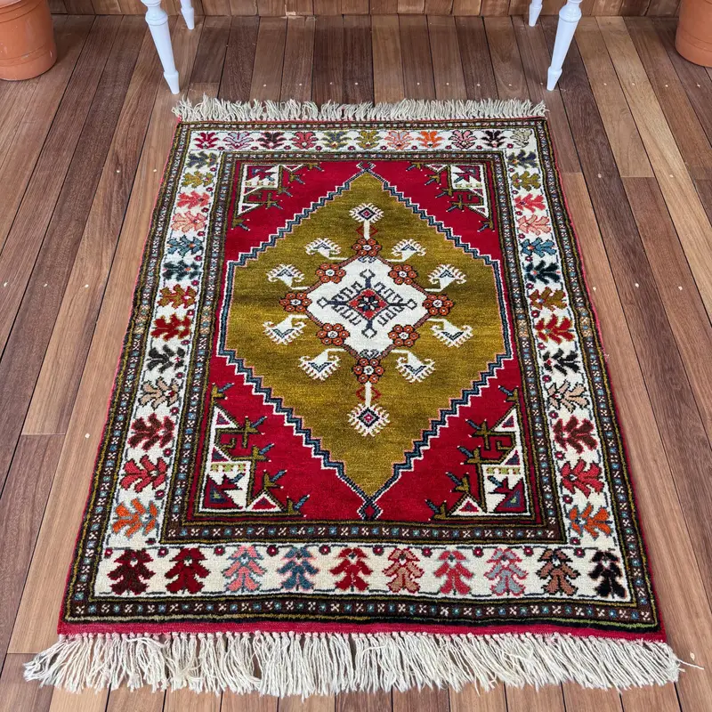Oushak Rug, 3.3x4.5 ft Turkish Rug, Red Floral Rug Wool - 1
