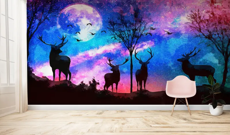 Abstract Wall Print, Colorful Sky Wall Mural, Forest Wall Mural, Full Moon Wallpaper, Moon Wall Mural, Animal Wall Paper, - 4