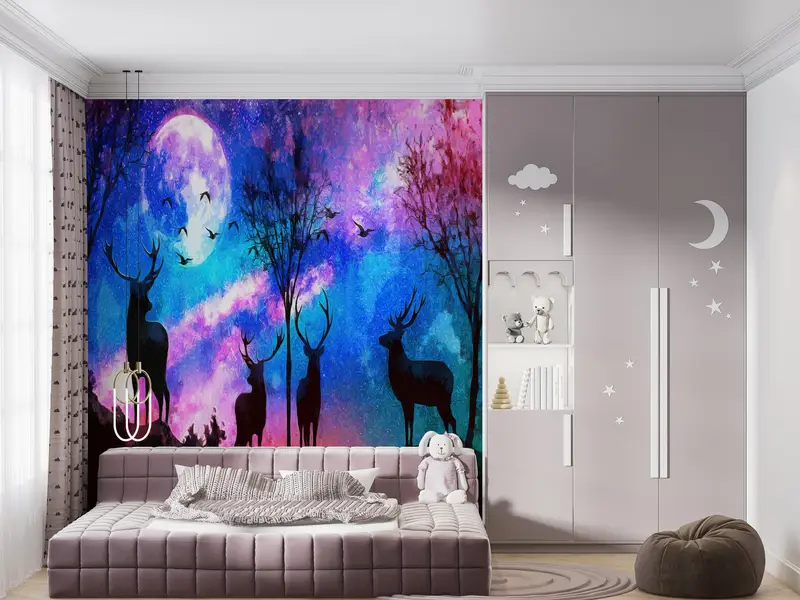 Abstract Wall Print, Colorful Sky Wall Mural, Forest Wall Mural, Full Moon Wallpaper, Moon Wall Mural, Animal Wall Paper, - 5
