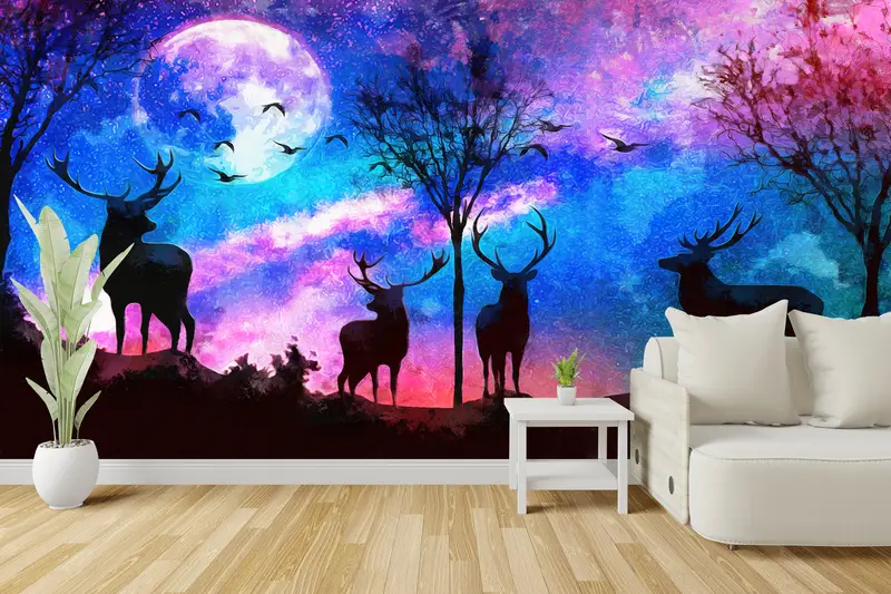 Abstract Wall Print, Colorful Sky Wall Mural, Forest Wall Mural, Full Moon Wallpaper, Moon Wall Mural, Animal Wall Paper, - 2