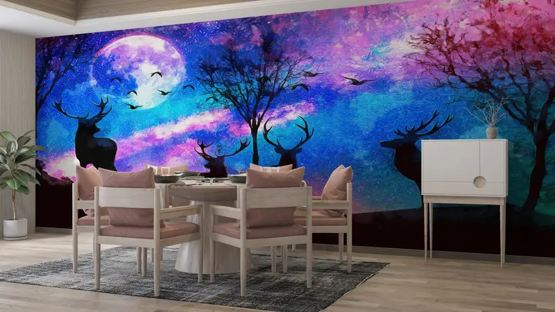 Abstract Wall Print, Colorful Sky Wall Mural, Forest Wall Mural, Full Moon Wallpaper, Moon Wall Mural, Animal Wall Paper, - 6