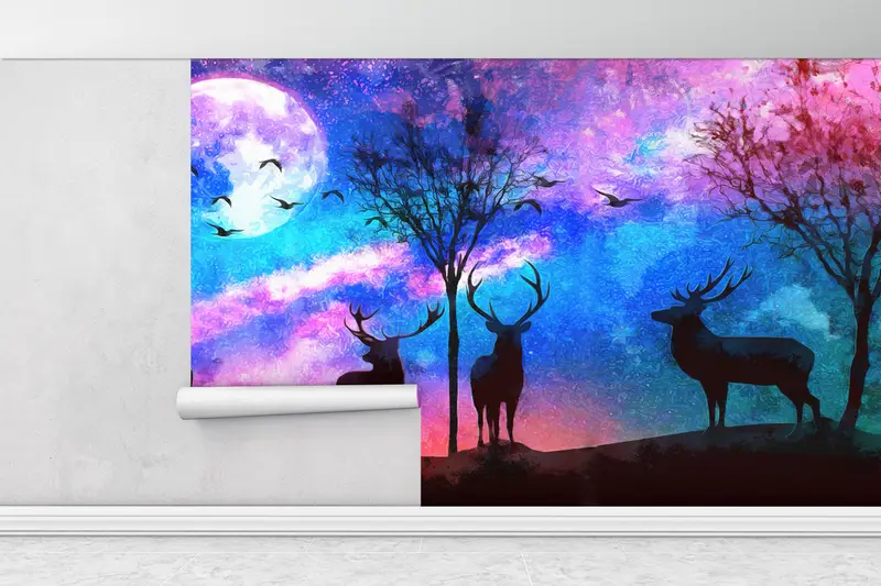 Abstract Wall Print, Colorful Sky Wall Mural, Forest Wall Mural, Full Moon Wallpaper, Moon Wall Mural, Animal Wall Paper, - 1