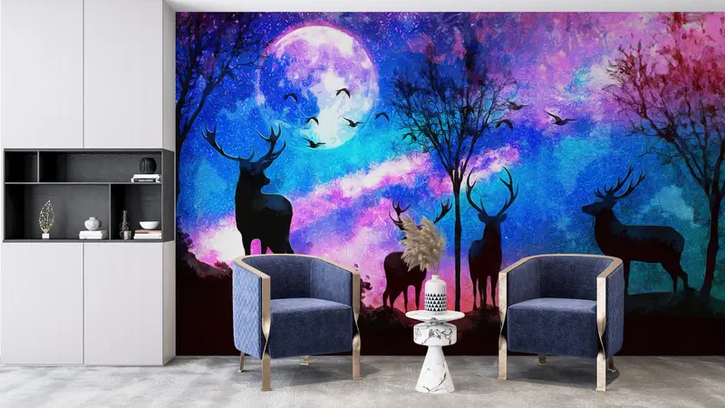 Abstract Wall Print, Colorful Sky Wall Mural, Forest Wall Mural, Full Moon Wallpaper, Moon Wall Mural, Animal Wall Paper, - 3