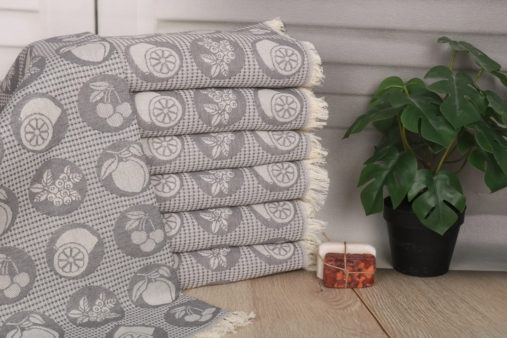 Custom Turkish Hand Towel: Fruits Pattern, Dark Gray Cotton, 20x28 inches - 1