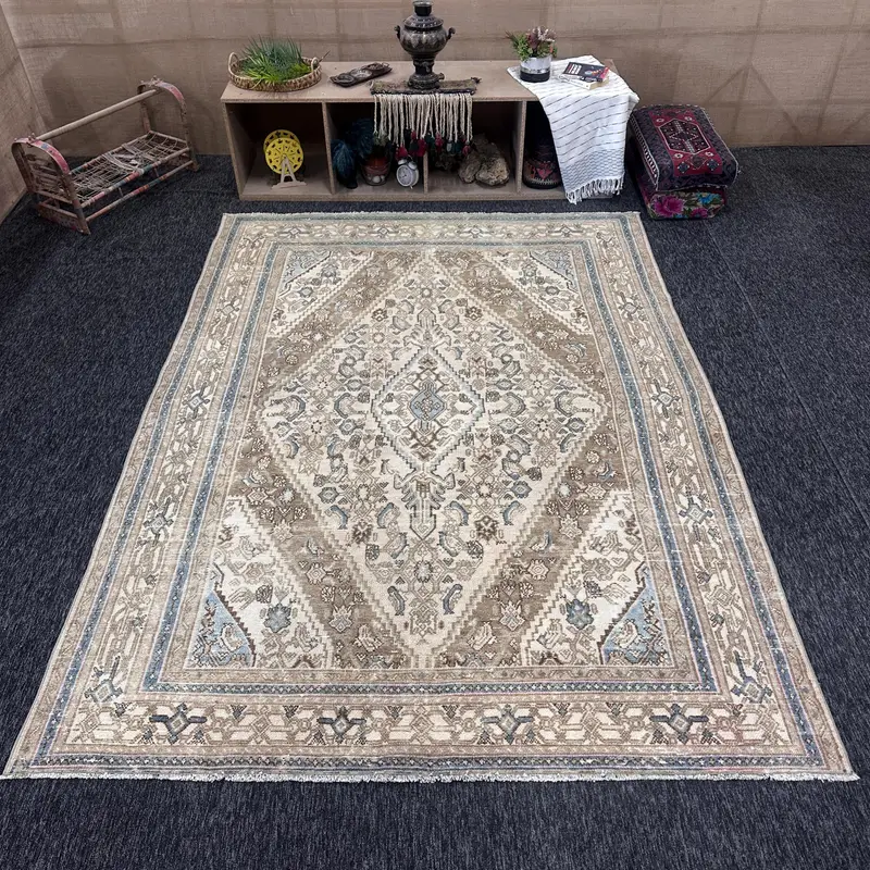 Turkish Vintage Rug 6.9x9.4 ft, Oushak Brown Patchwork Wool Rug - 1
