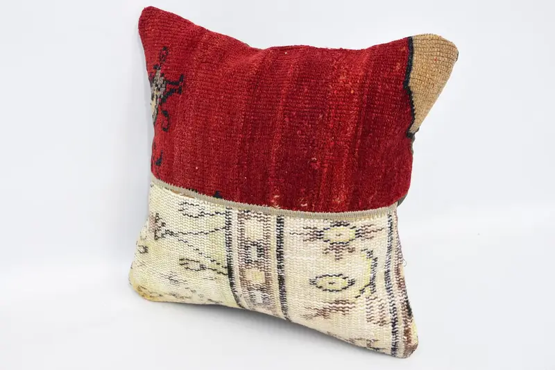 Authentic Pillow Case, Vintage Kilim Throw Pillow, Bolster Cushion, Gift Pillow, 16x16 Red Pillow, Kilim Cushion Sham, Cushion, Patio Pillow Case - 4