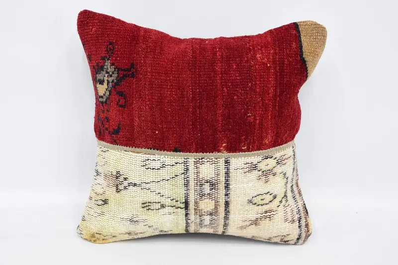 Authentic Pillow Case, Vintage Kilim Throw Pillow, Bolster Cushion, Gift Pillow, 16x16 Red Pillow, Kilim Cushion Sham, Cushion, Patio Pillow Case - 1