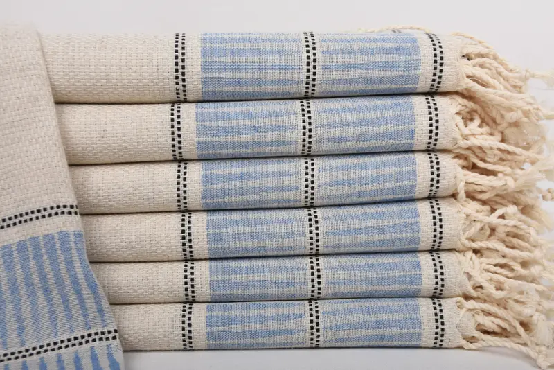 Petrol Blue Linen Striped Towel, Housewarming Gift, 40x71 Inches