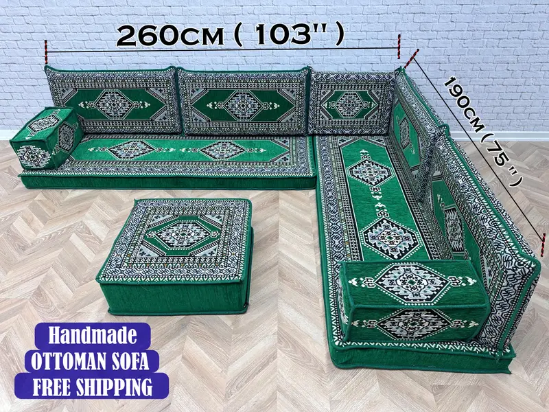 Conjunto de sofá otomano modular verde, otomanos de mezcla de lana inspirados en Kilim