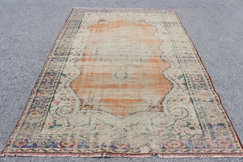 Vintage Oushak Large Rug 5.9x9 ft (180x273 cm), Turkish Orange Solid Rug - 1
