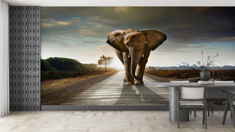 Paper Wall Art ,3d Wall Paper,Bright Wall Paper,Elephant Walking On The Road Wall Mural,Wild Mural,Elephant Wall Painting, - 3