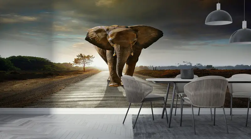 Paper Wall Art ,3d Wall Paper,Bright Wall Paper,Elephant Walking On The Road Wall Mural,Wild Mural,Elephant Wall Painting, - 10