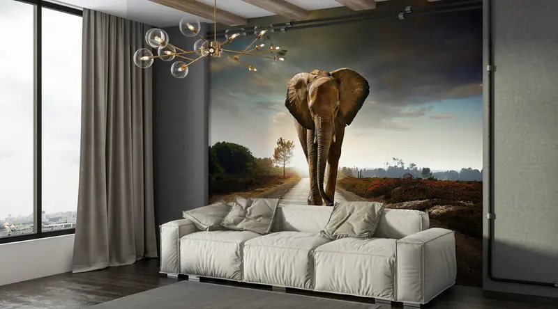 Paper Wall Art ,3d Wall Paper,Bright Wall Paper,Elephant Walking On The Road Wall Mural,Wild Mural,Elephant Wall Painting, - 4