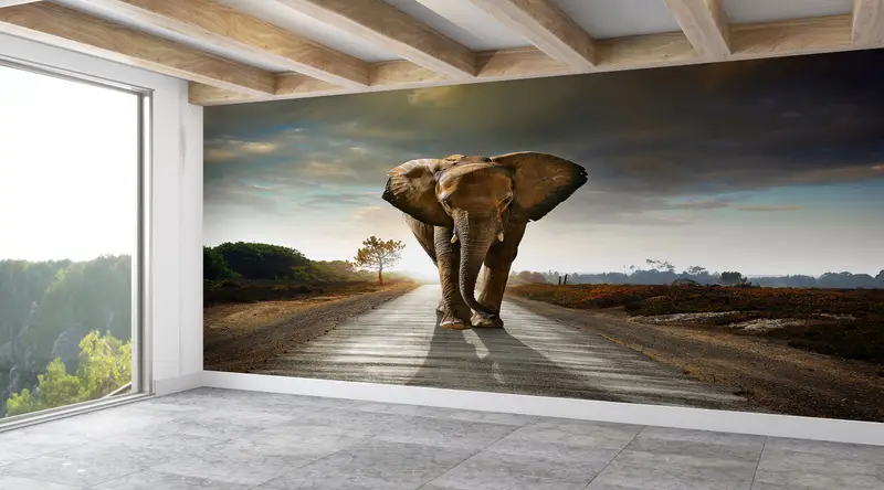 Paper Wall Art ,3d Wall Paper,Bright Wall Paper,Elephant Walking On The Road Wall Mural,Wild Mural,Elephant Wall Painting, - 9