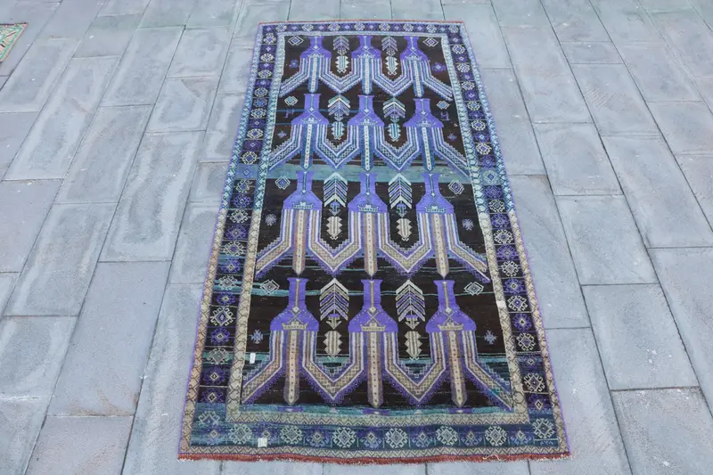 3.9x8 ft Turkish Vintage Rug, Area Rug, Blue Oushak Floral Rug - 1