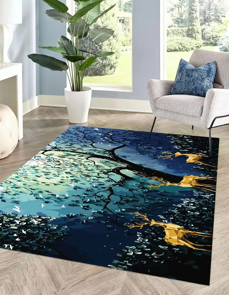 Luxury Printed Rug: Deer, Gold, Abstract Tree, Forest Night