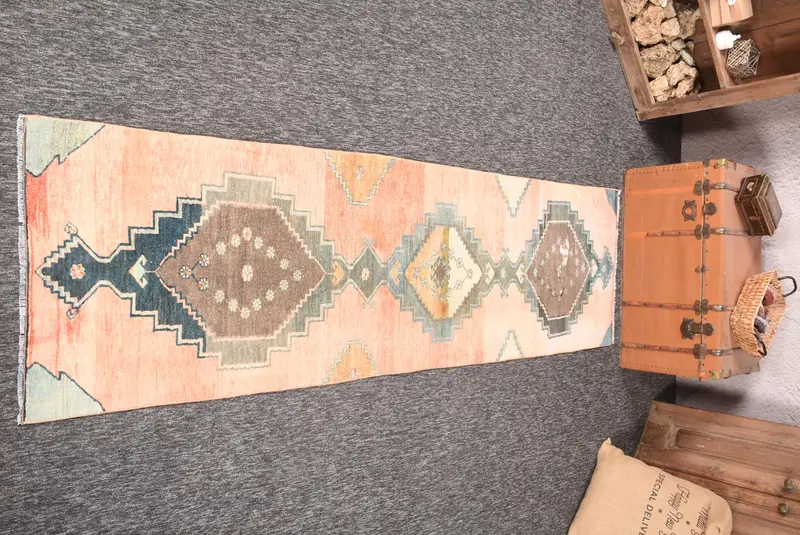 Turkish 2.5x8.7 ft Rug, Vintage Runner Rug, Pink Geometric Rug - 1