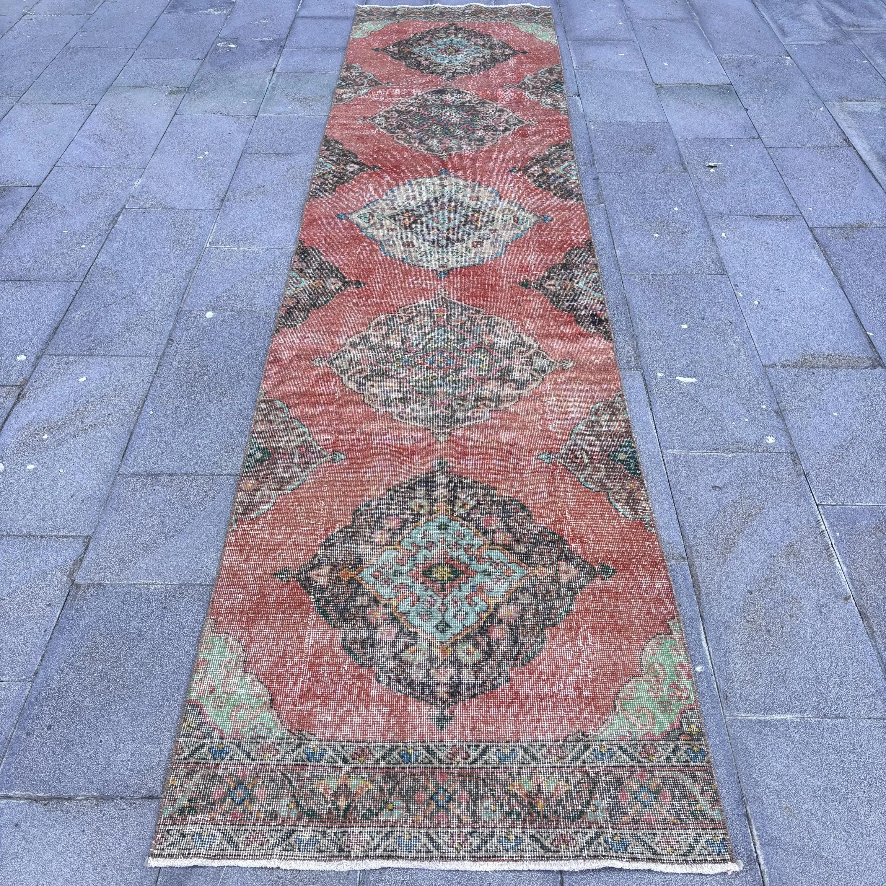 Turkish Rug, 2.9x12.5 ft Runner Rug, Red Camouflage Wool Vintage Rug - 1