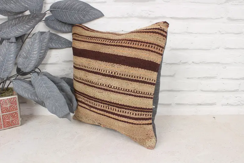 Authentic Pillow Cover, Handmade Kilim Cushion, Pillow Cover, Boho Pillow Sham Cover, 14x14 Beige Cushion, Home Decor Pillow - 4