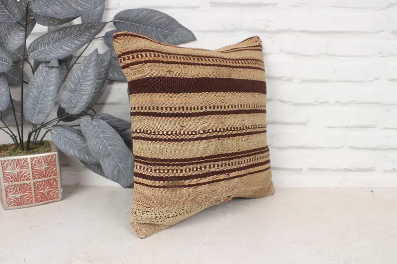 Authentic Pillow Cover, Handmade Kilim Cushion, Pillow Cover, Boho Pillow Sham Cover, 14x14 Beige Cushion, Home Decor Pillow - 3