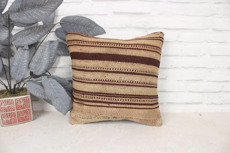 Authentic Pillow Cover, Handmade Kilim Cushion, Pillow Cover, Boho Pillow Sham Cover, 14x14 Beige Cushion, Home Decor Pillow - 1