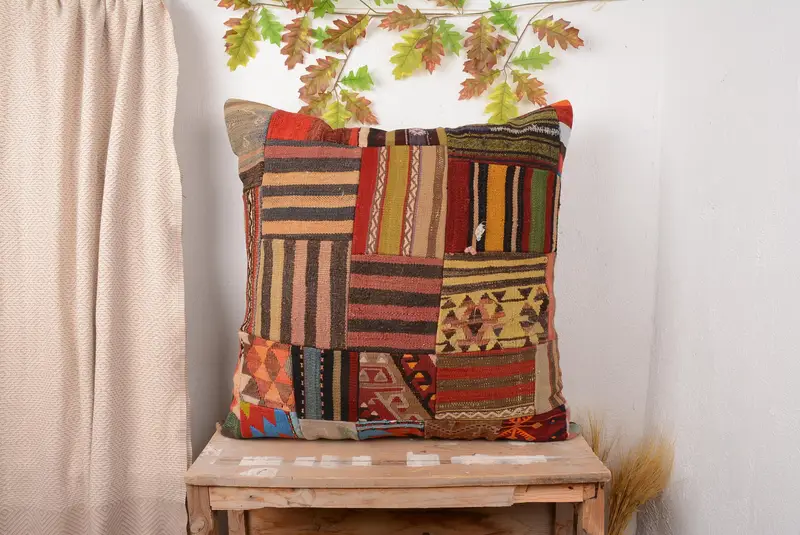 Brown & Red Patchwork Throw Pillow, 32x32 Embroidered Cushion