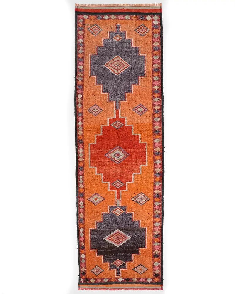 Canlı Turuncu ve Mavi Halı, 3,4x11,1 ft Patchwork Tasarım