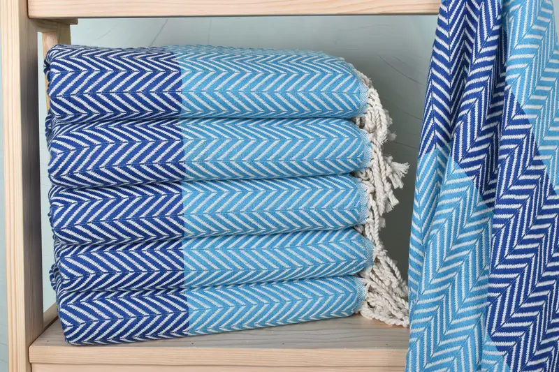 Gift Towel Turquoise-Sax Blue Chevron, Organic Cotton/Linen, 40x71 Inches