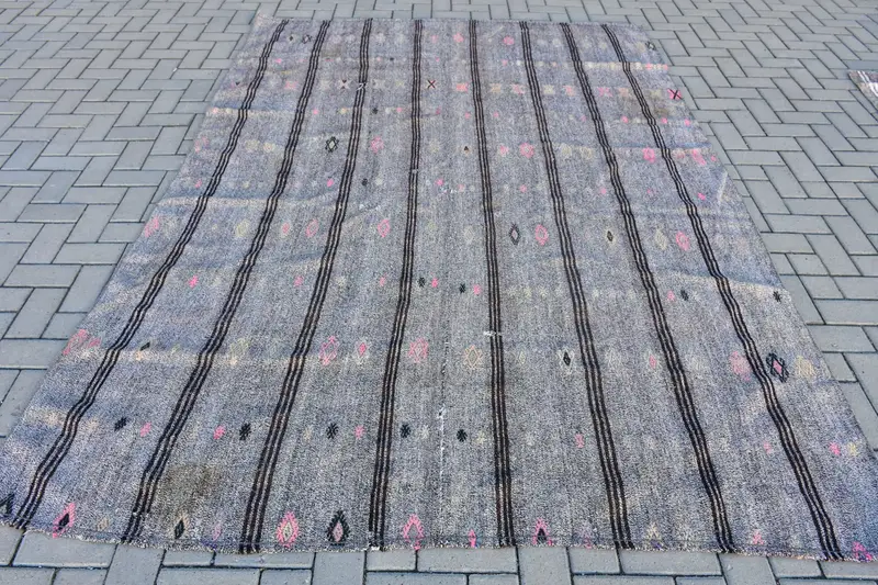 Kilim Türk Halısı, 6.5x8.9 ft Vintage Halı, Gri Puantiyeli Yün Halı - 1