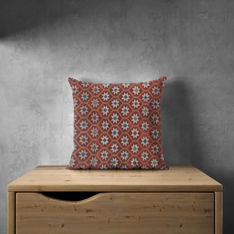Rot und Beige besticktes Chenille-Wurfkissen, Vintage-Kissen mit Reißverschluss