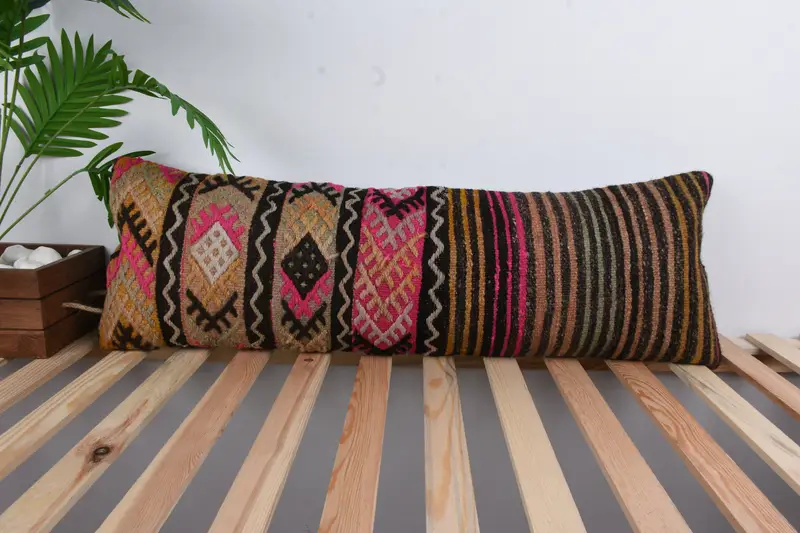 Vintage Kilim Throw Pillow, Ethnical Kilim Rug Pillow, 12x36 Pink Pillow Cover, Tribal Pillow Cover, Chair Cushion, Throw Kilim Pillow, Cushion Case - 1