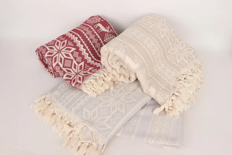 Custom Beach Blanket, 96x88 Cotton Christmas Design, Woven Throw Blanket, Custom Blanket, Deer Pattern Towel, Tablecloth, Turkish Cotton Blanket - 4